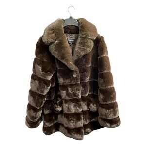 BCBGMAXAZRIA Faux Fur Coat Womens L Brown Lined Mid Length Old Money Mob Wife